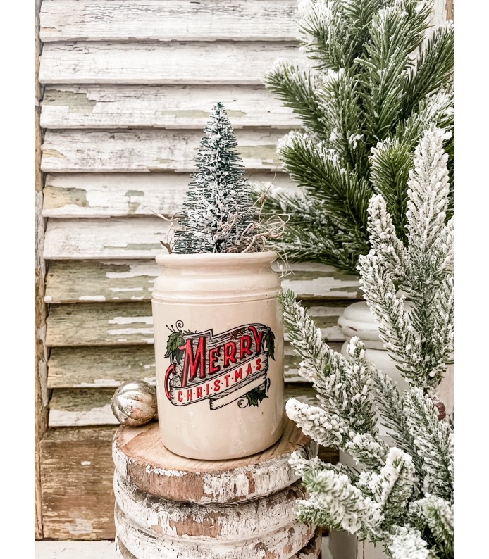 Antique Ironstone 1lb Roll Top Crock w/ Merry Christmas transfer - Holiday 